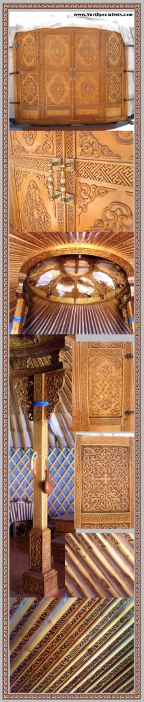 Collage showcasing intricately carved wooden elements of a Mongolian yurt, including decorative doors, beams, and structural components.