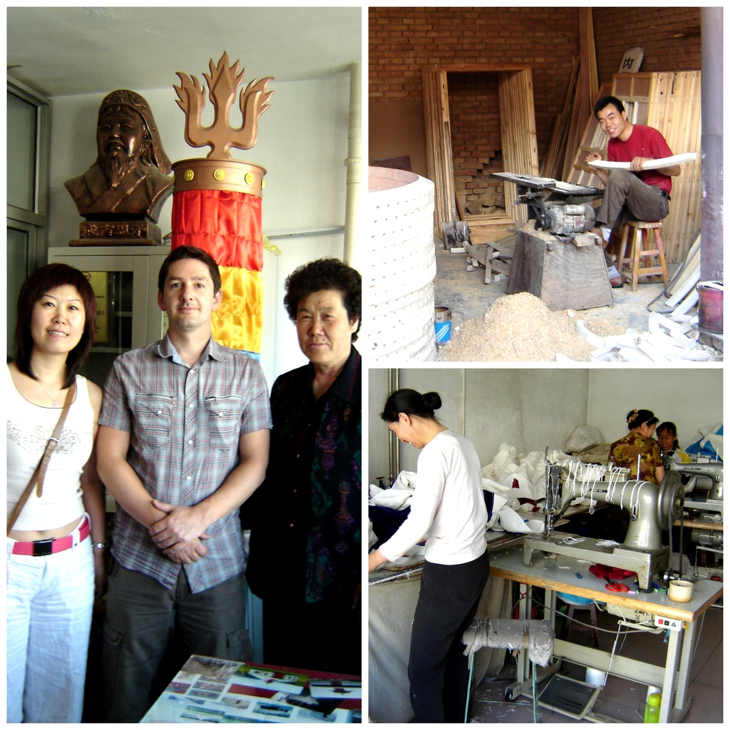 Two generations of Yurt Specialists in a workshop, with Genghis Khan in the background and scenes of yurt construction and sewing in progress.