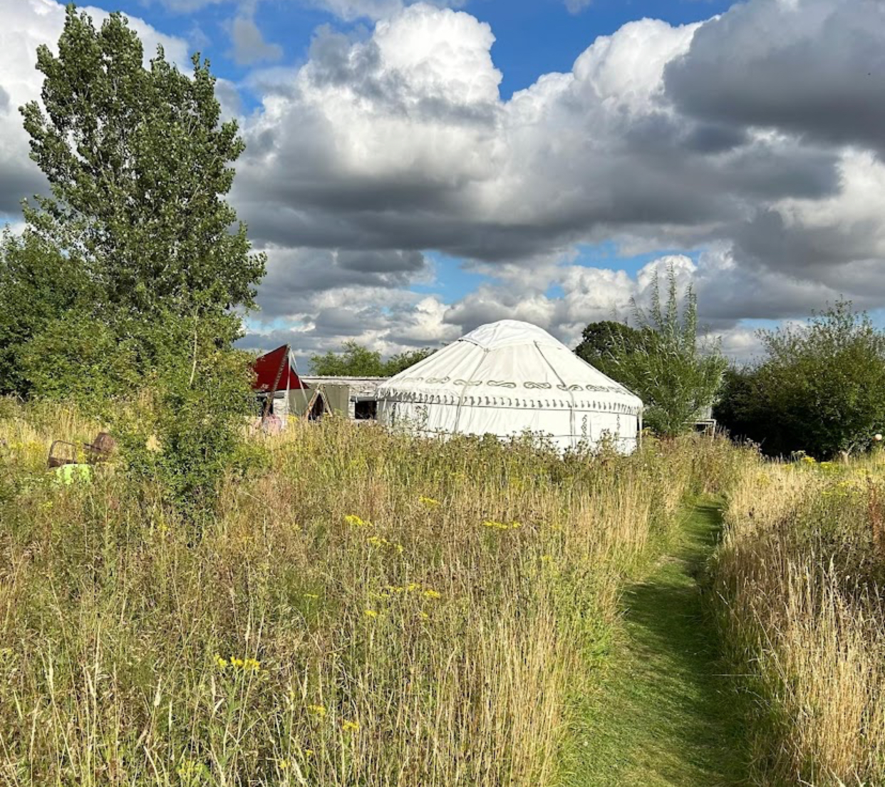 A white yurt nestled in a field of tall grass and wildflowers under a cloudy sky.