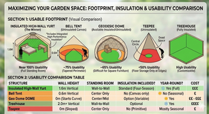Comparison chart showing usable footprint and insulation of high-wall yurts vs bell tents, domes, and teepees