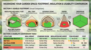 Maximizing your garden space footprint usability comparison - Welcome to Yurt Specialists Comparison chart showing usable footprint and insulation of high-wall yurts vs bell tents, domes, and teepees