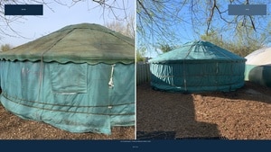 A comparison view of before and after the cleaning reproofing treatment of the yurt