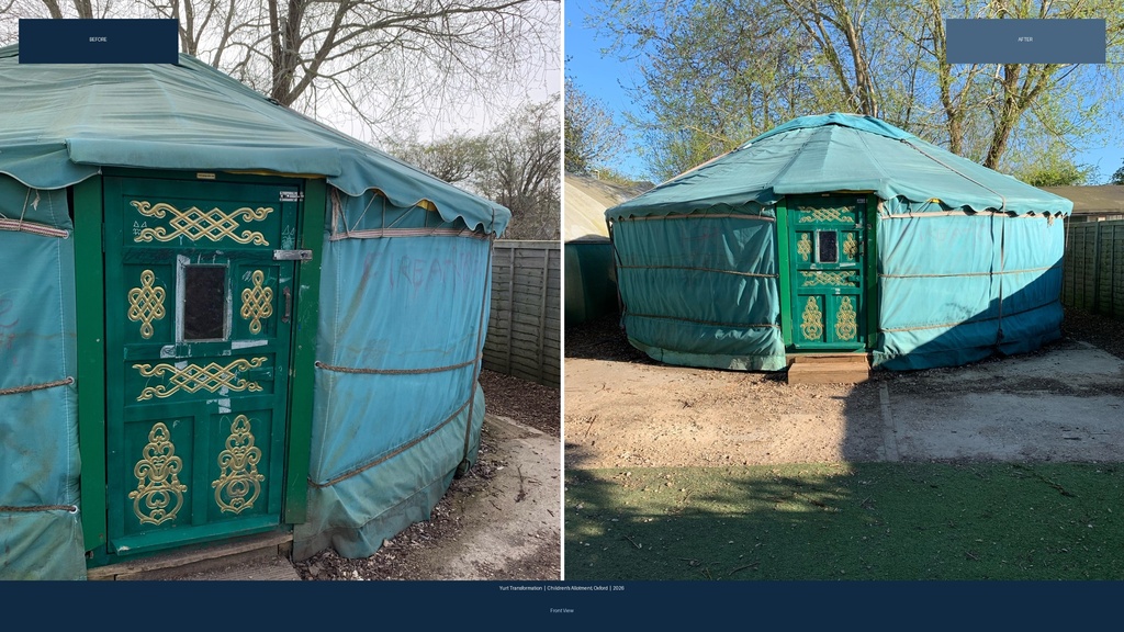 Before and after comparison of the yurt restoration — front view