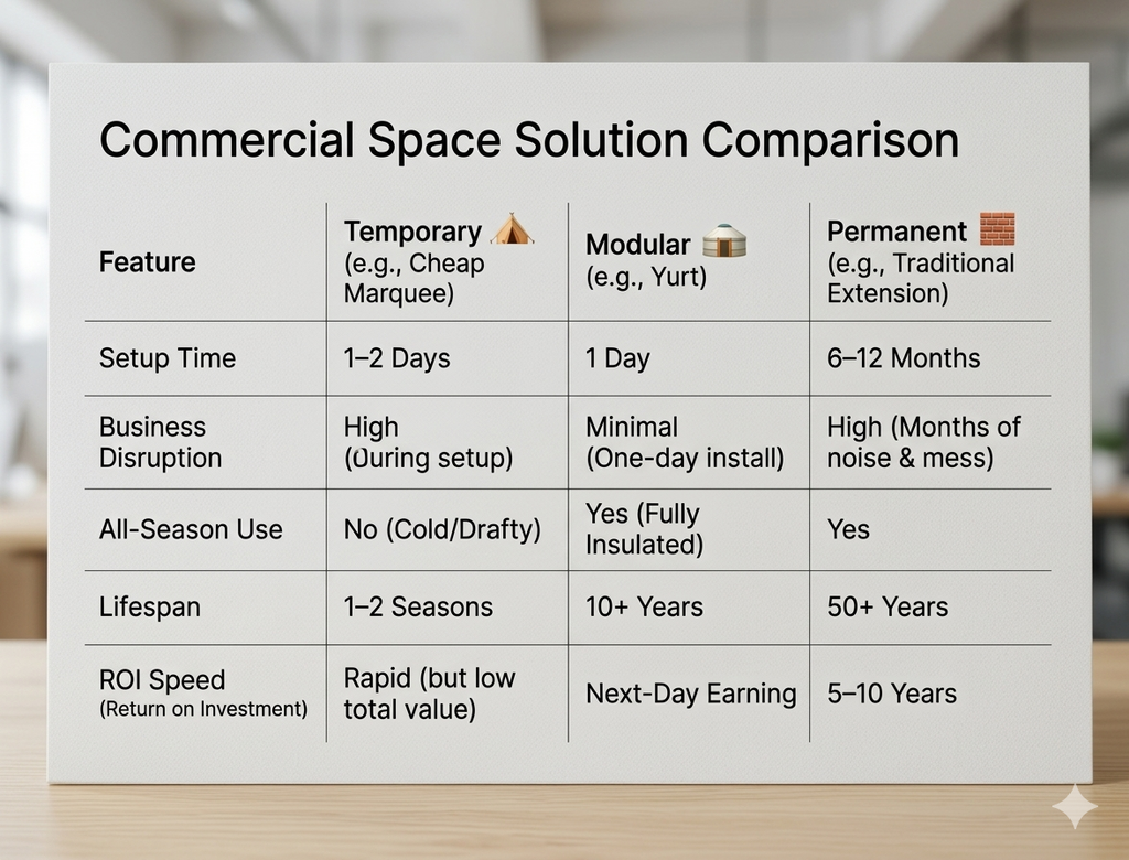 The table evaluates these solutions across five categories