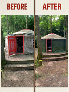 Yurt Renovation Before After Canvas Replacement - Welcome to Yurt Specialists Before and after comparison of a forest yurt renovation showing a weathered yurt replaced with a clean dark green weatherproof cover on a wooden deck.