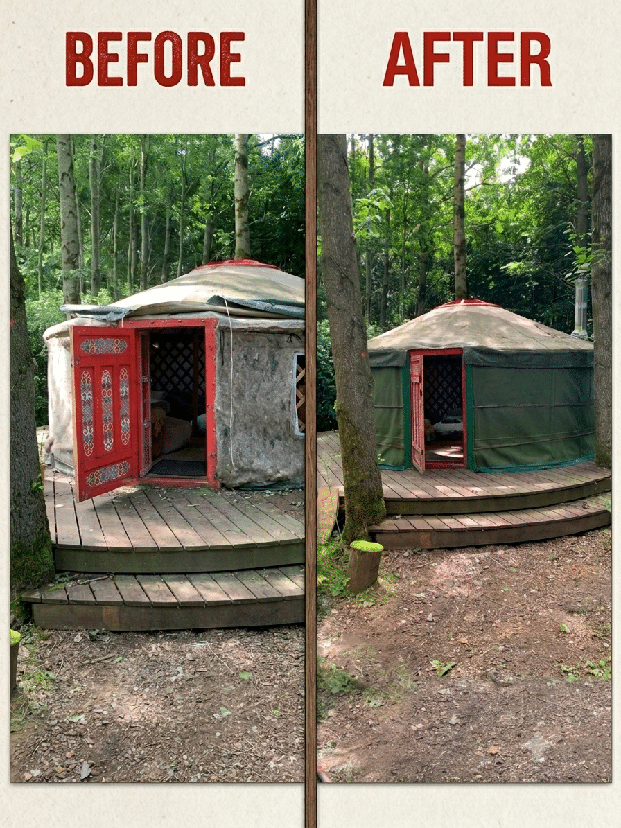 Before and after comparison of a forest yurt renovation showing a weathered yurt replaced with a clean dark green weatherproof cover on a wooden deck.