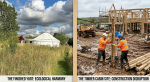A Study in Contrast: Ecological Harmony vs. Construction Disruption - Welcome to Yurt Specialists A contrasting two rural building projects. The left side shows a completed, serene whit Mongolian yurt settled peacefully in a lush, overgrown wildflower meadow. The right side shows a chaotic, muddy active construction site where workers assemble a timber-framed cabin surrounded by heavy machinery, muddy puddles, and building debris.