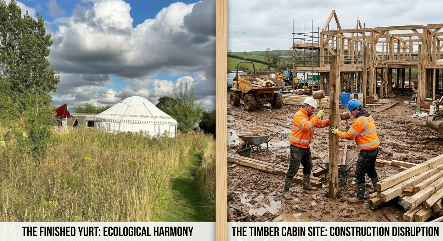 A Study in Contrast: Ecological Harmony vs. Construction Disruption - Welcome to Yurt Specialists A contrasting two rural building projects. The left side shows a completed, serene whit Mongolian yurt settled peacefully in a lush, overgrown wildflower meadow. The right side shows a chaotic, muddy active construction site where workers assemble a timber-framed cabin surrounded by heavy machinery, muddy puddles, and building debris.