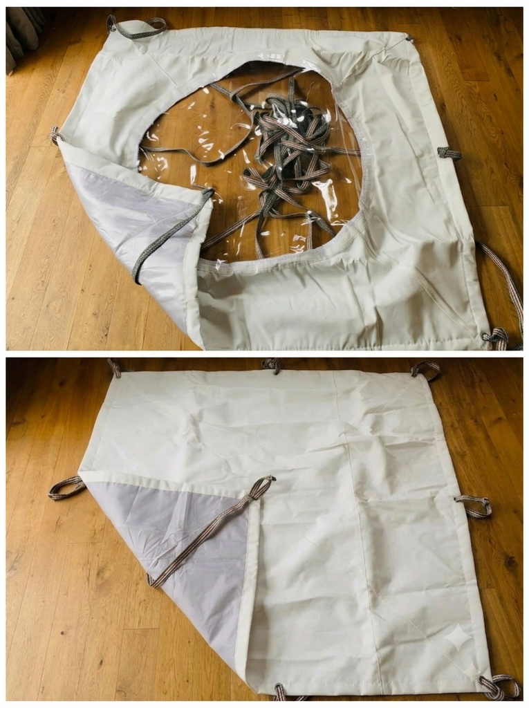 Top view of a white insulated yurt roof cap and a solid weatherproof roof with 7 down-straps each.