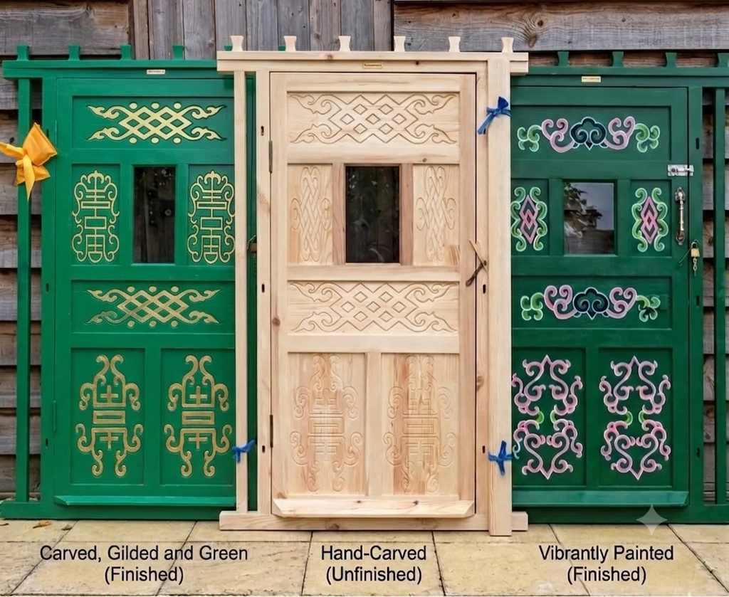 Solid wooden yurt doors choices: carved green colour painted door, carved unpainted door and painted with traditional patterns in various colours