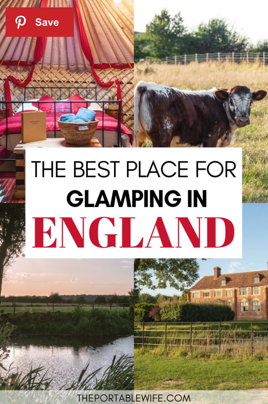 A four-panel collage featuring luxury yurt interior with red drapes and bed, a grazing cow, scenic countryside river view, and historic manor house at Kenyon Hall Yurt in England.